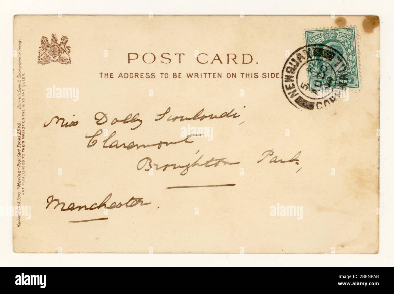 Rückseite der Postkarte von Anfang 1900 mit ungeteiltem Rücken, postmarkiertes Newquay, Cornwall, SW England Großbritannien, veröffentlicht im August 1904/05 Stockfoto