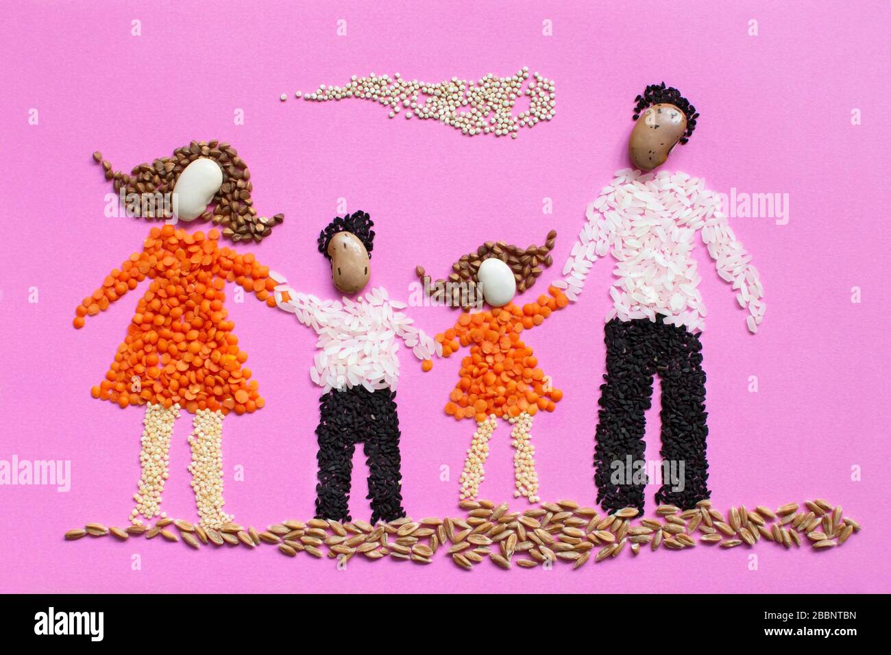 Kunst "Bohnen und Samen": Kinderzeichnung der glücklichen Familie. Symbol für eine gesunde vegetarische Ernährung Stockfoto
