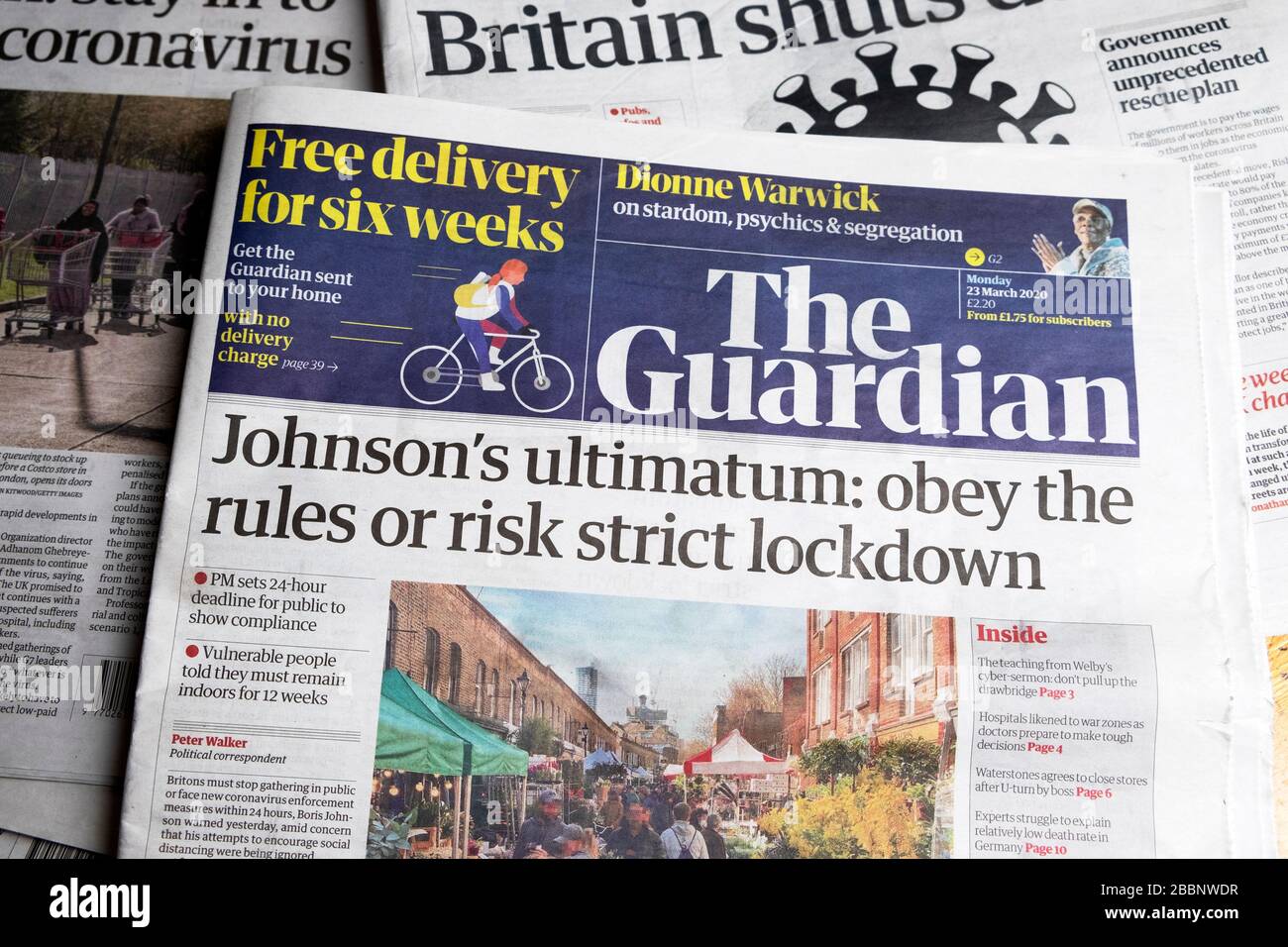 PM Boris 'Johnsons Ultimatum: Befolgen Sie die Regeln oder riskieren Sie einen strikten Lockdown' Titelzeile der Guardian Zeitung am 23. März 2020 London England UK Stockfoto