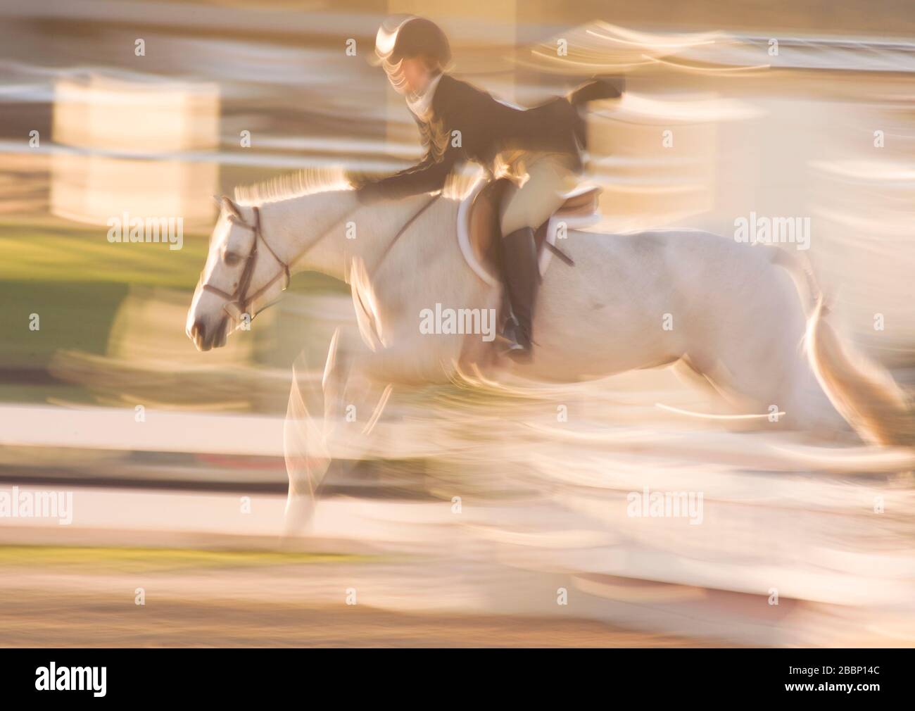 Stilisierte Bewegungsunschärfe junger weiblicher Reitsportler, die bei Springveranstaltungen auftreten Stockfoto