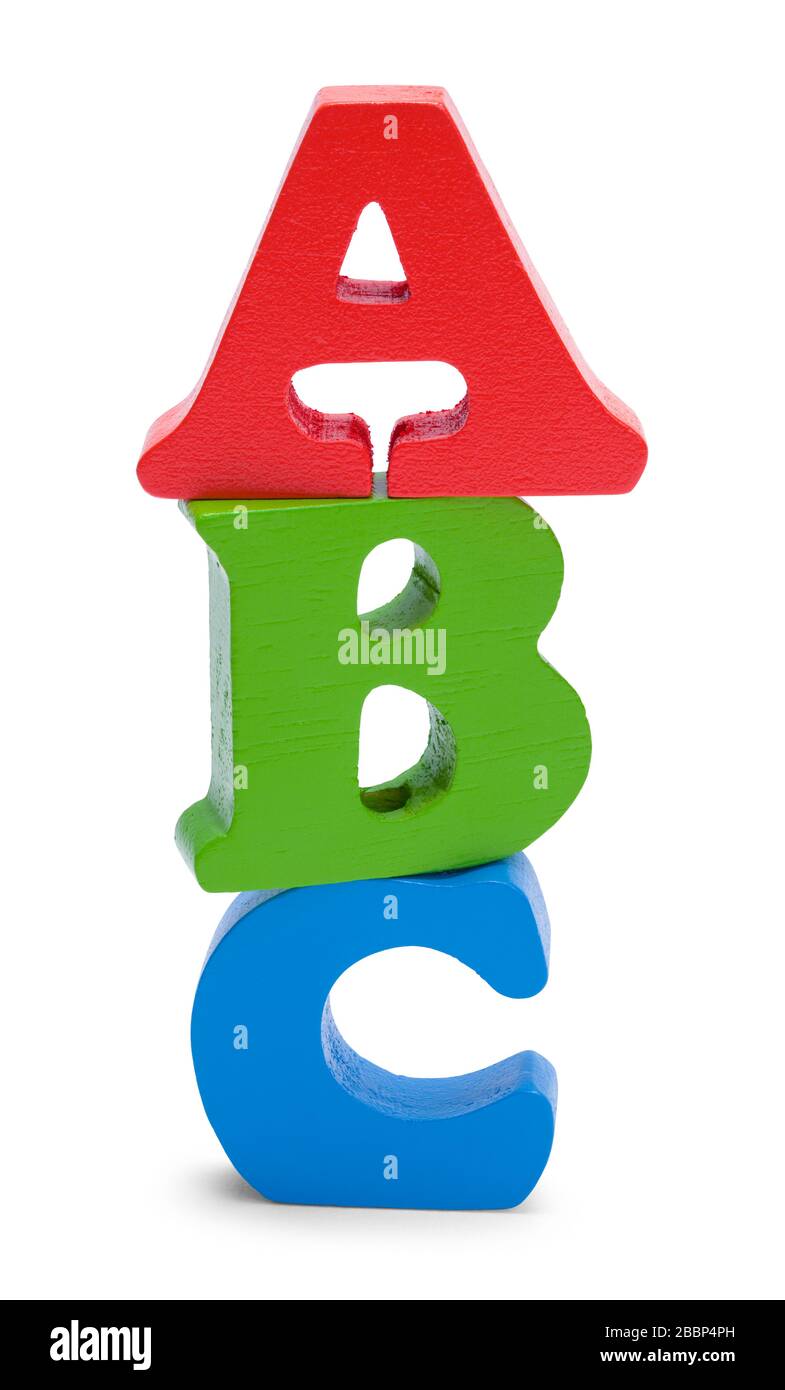 Holzblock ABC Alphabet Buchstaben isoliert auf Weiß. Stockfoto