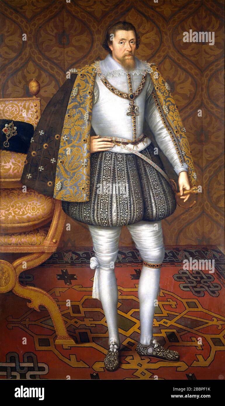 JAMES I. und VI (1566-1625) König von Schottland als James VI. Und England und Irland als James I. Porträt, das John de Critz etwa 1605 zugeschrieben wurde. Stockfoto