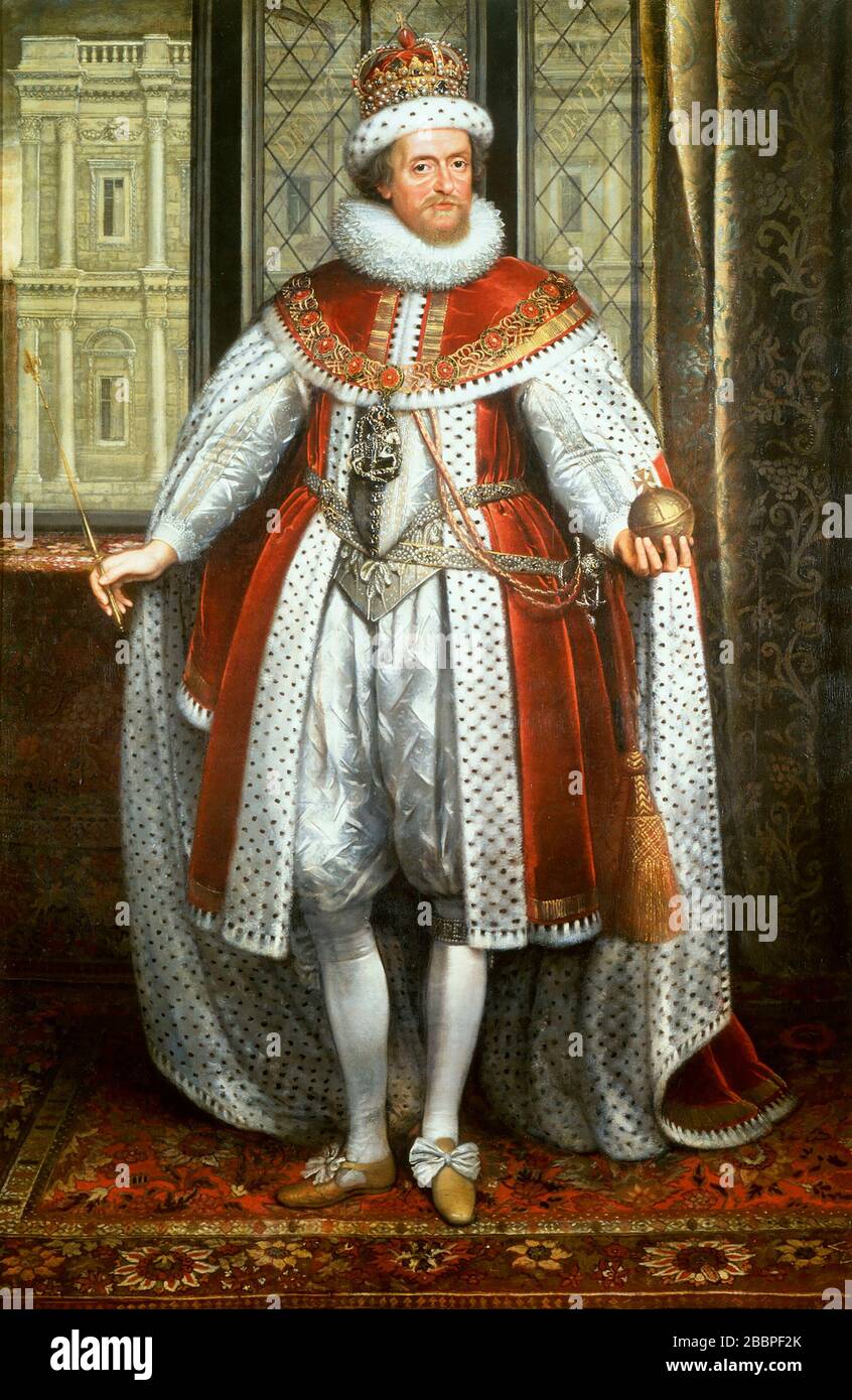 JAMES I. und VI (1566-1625) König von Schottland als James VI. Und England und Irland als James I. Porträt von Paul van Somer um 1620. Stockfoto