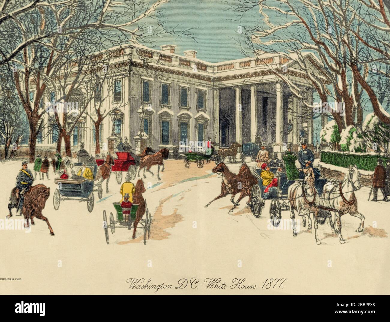 Das Weiße Haus, Washington D.C. Vereinigte Staaten von Amerika. Pferdekutschen und Fußgänger in der Nähe des Nordportikus im Winter 1877. Nach einem von Currier & Ives veröffentlichten Werk eines unbekannten Künstlers. Stockfoto