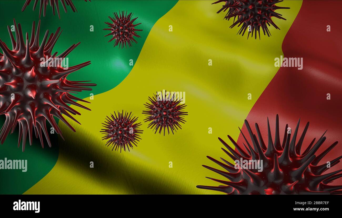 Ein Coronavirus, das sich mit der Flagge der Republik Kongo als epidemische Ausbruchsinfektion in der Republik Kongo dreht Stockfoto