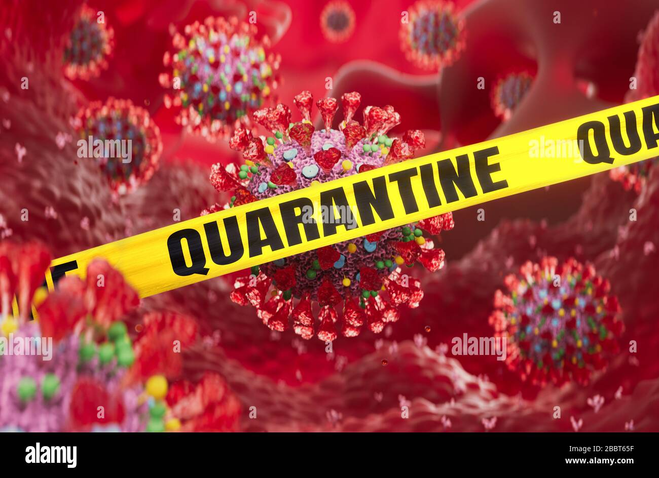 Quarantäne Coronavirus COVID-19-Konzept. 2019-nCov Viruszellen in Blutbahn mit Quarantäne-Gefahrband. 3D-Rendering. Stockfoto
