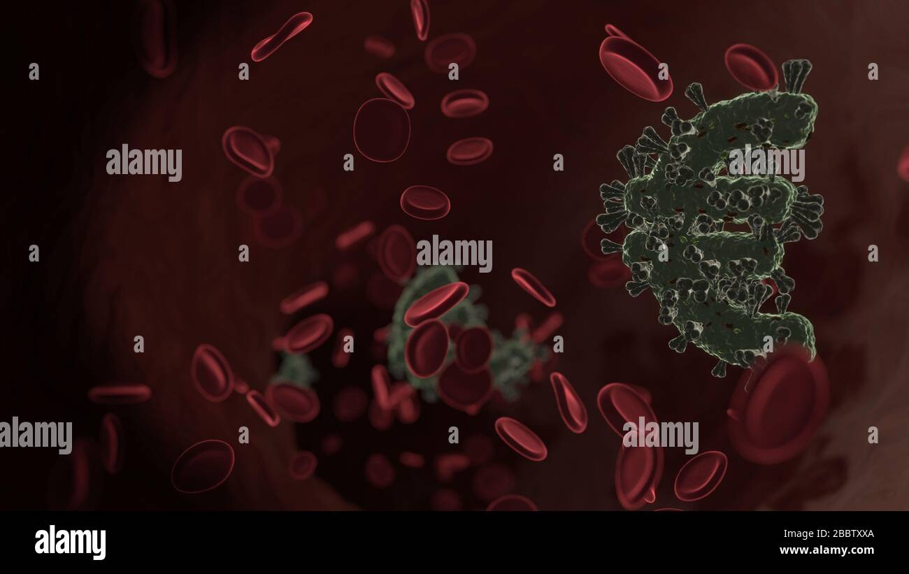 Mikroskopische 3D-Darstellung des Virus, das als Symbol für das Euro-Zeichen in der Vene mit roten Blutkörperchen geformt wurde Stockfoto