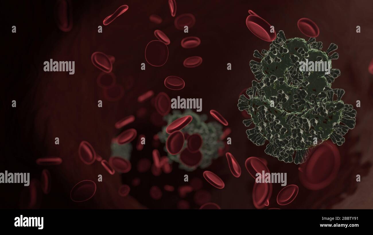 Mikroskopisch kleine 3D-Darstellung des Virus, das als Symbol für eine Blume mit Blättern in der Vene mit roten Blutzellen geformt wurde Stockfoto