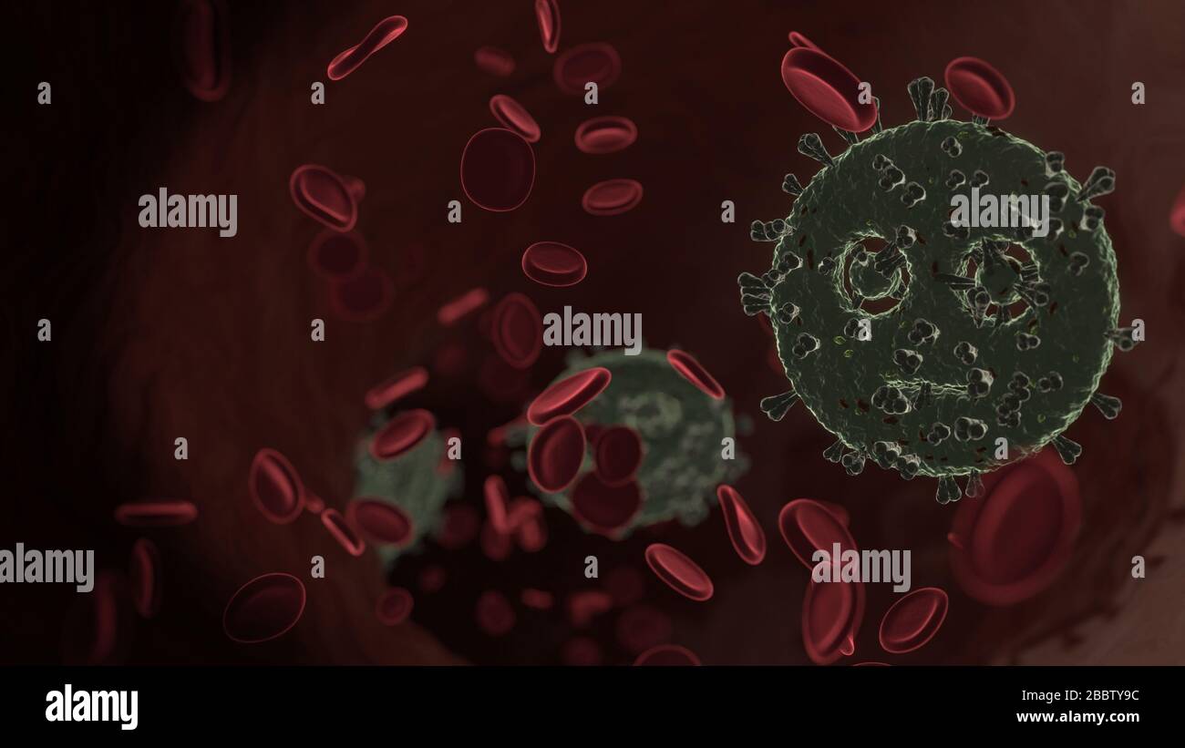 Mikroskopische 3D-Darstellung des Virus, der als Symbol für gespülte Emoticon in der Vene mit roten Blutkörperchen geformt wurde Stockfoto