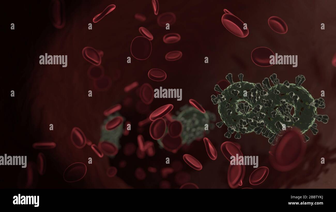 Mikroskopische 3D-Darstellung des Virus, das als Symbol für ein unendliches Zeichen in der Vene mit roten Blutzellen geformt wurde Stockfoto