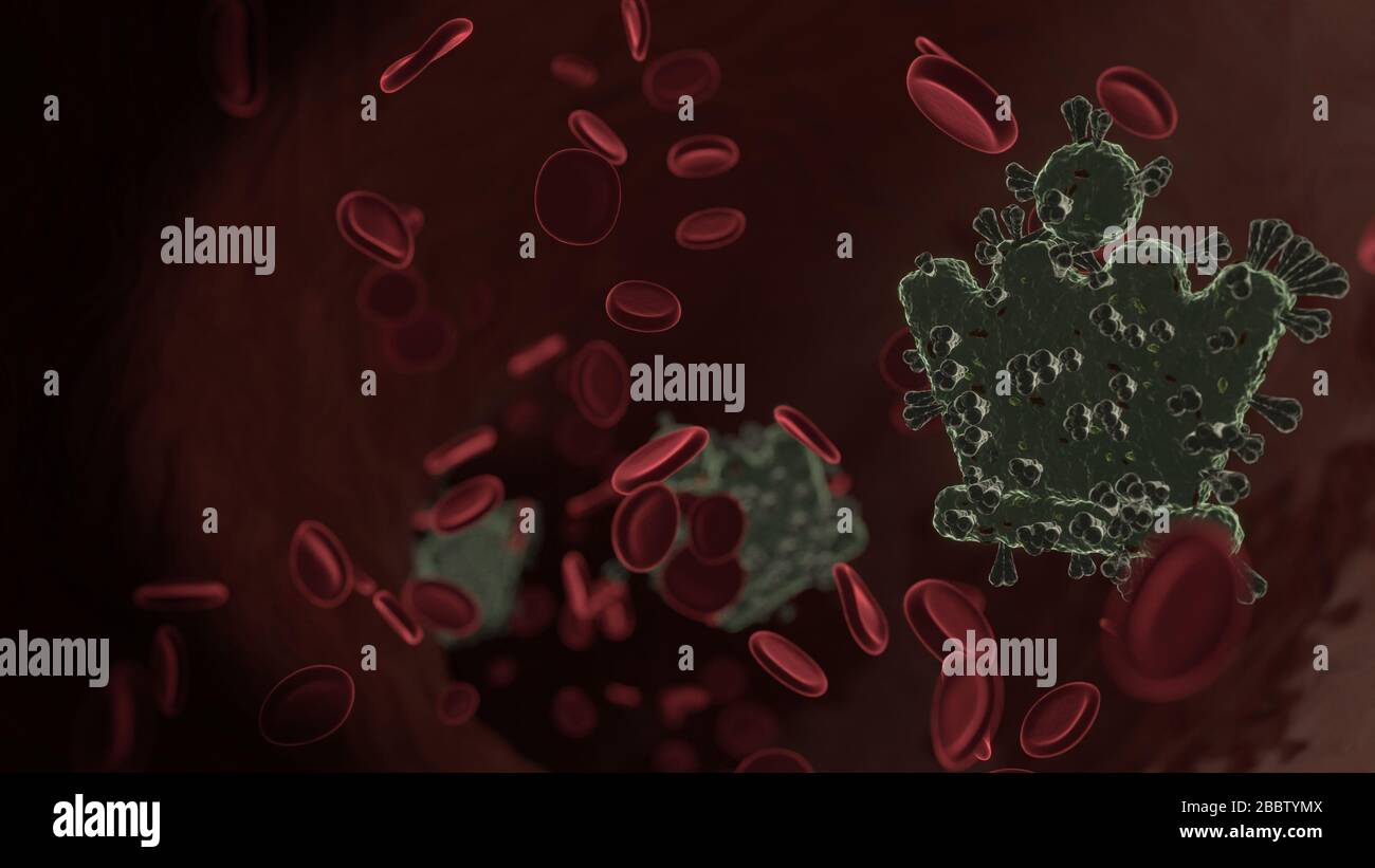 Mikroskopisch kleine 3D-Darstellung des Virus, das als Symbol für Schachkönigin in der Vene mit roten Blutzellen geformt wurde Stockfoto