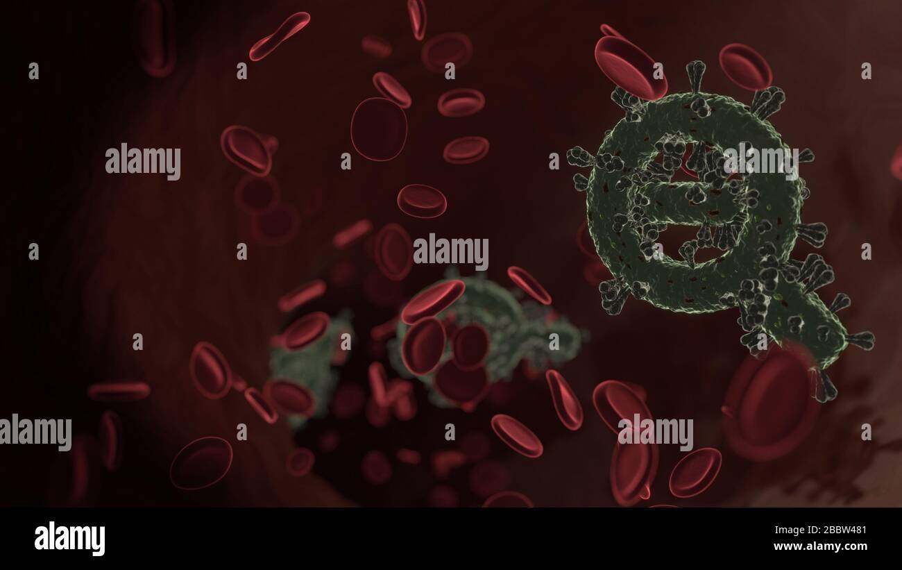 Mikroskopisch kleine 3D-Darstellung des Virus, das als Symbol der Lupe mit minus in der Vene mit roten Blutzellen geformt wurde Stockfoto