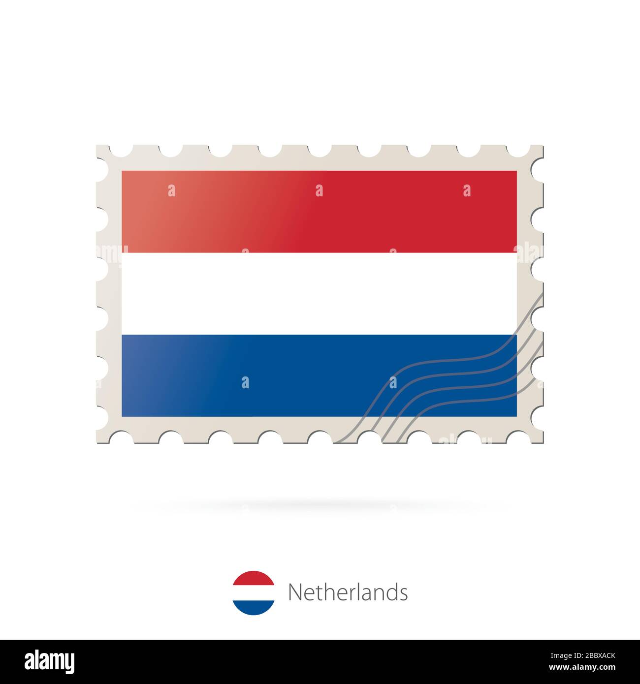 Briefmarke mit dem Bild der niederländischen Flagge. Niederlande Flag Porto auf weißem Hintergrund mit Schatten. Vektorstempel. Briefmarke und Niederlande Stock Vektor