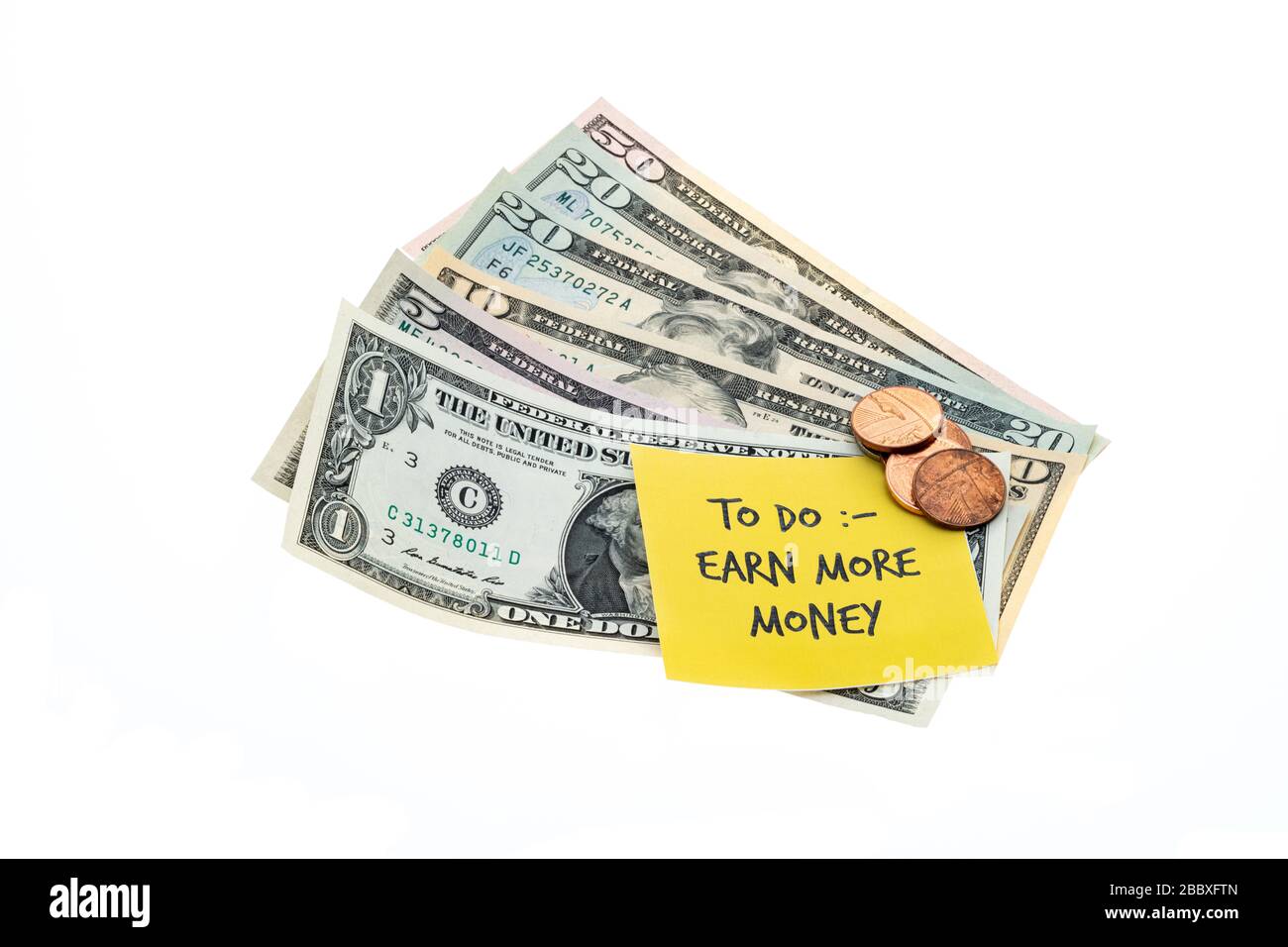 Eine to-DO-Liste - verdienen Sie mehr Geld bei einer Wade von US-Dollar - weißer Hintergrund Stockfoto
