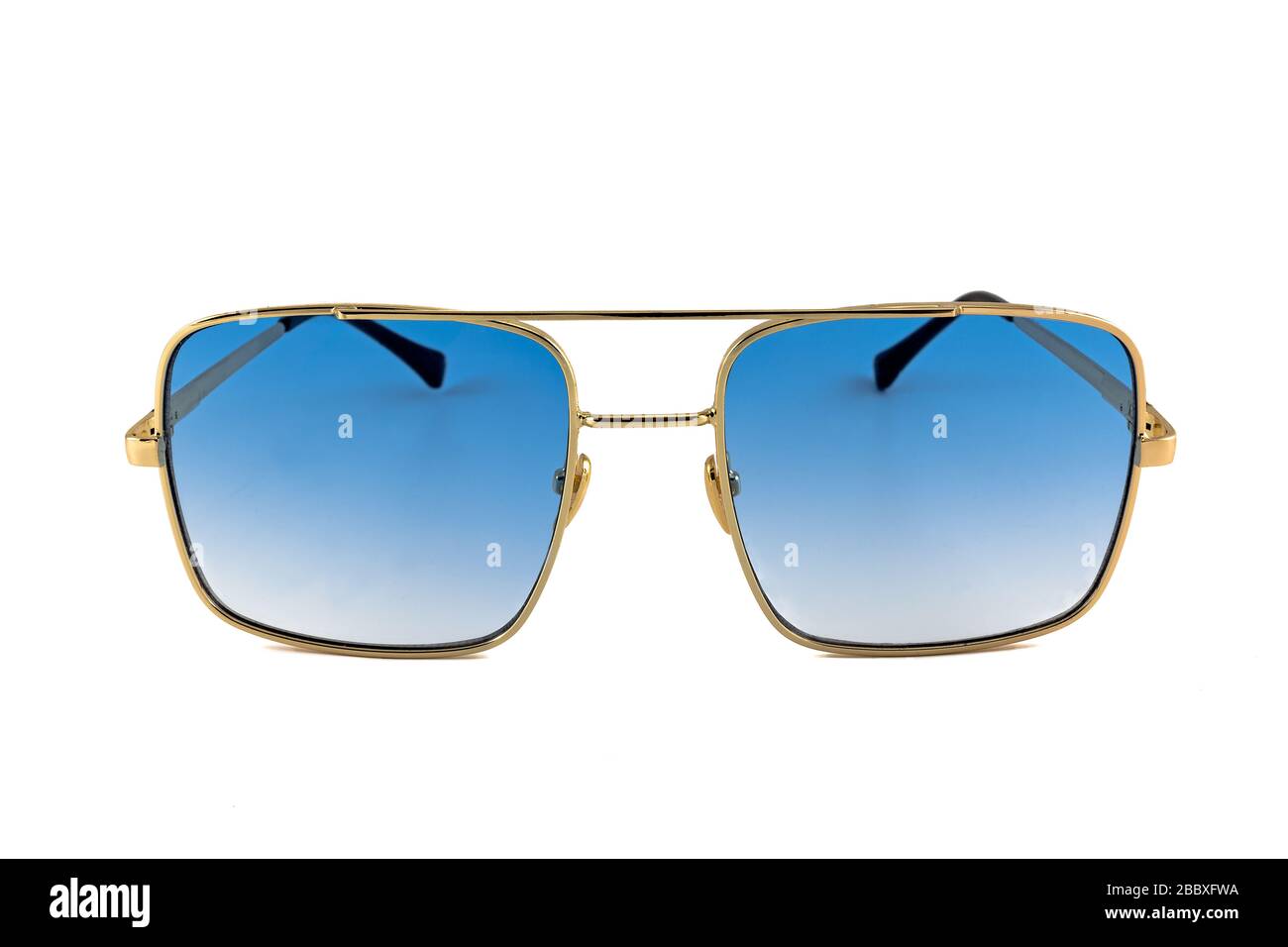 Blauer Pilotenflieger, goldbempert, Gradientenbrille isoliert auf weißem Hintergrund, Vorderansicht Stockfoto