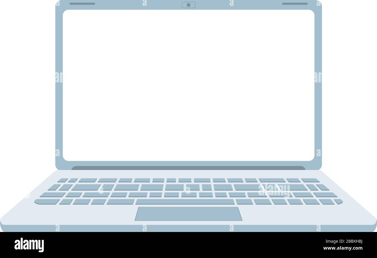 Moderne offene Laptop-Mockup-Vorderansicht isoliert auf weißem Hintergrund. Technology Vector Illustration rahmenlos mit leerem Bildschirm. Speicherplatzüberwachung kopieren. Hellklares Rahmendesign. Clipart für Computervorlagen. Stock Vektor