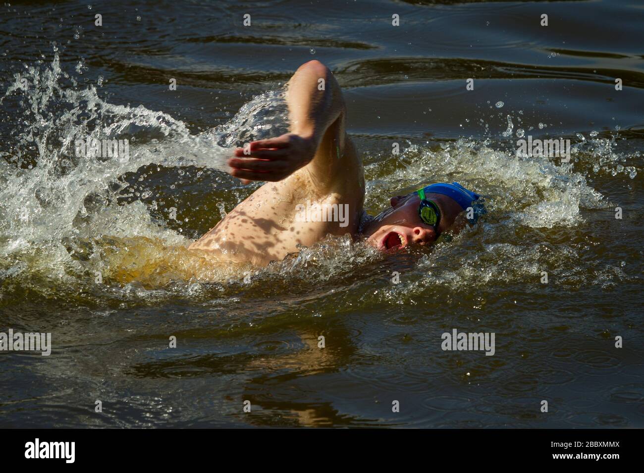 Mehrere CBP-Offiziere nahmen an den Open Water Swim der World Police and Fire Games Teil, die aus zwei Runden um den Lake Audubon mit insgesamt zwei Meilen in Reston Virginia bestand Stockfoto