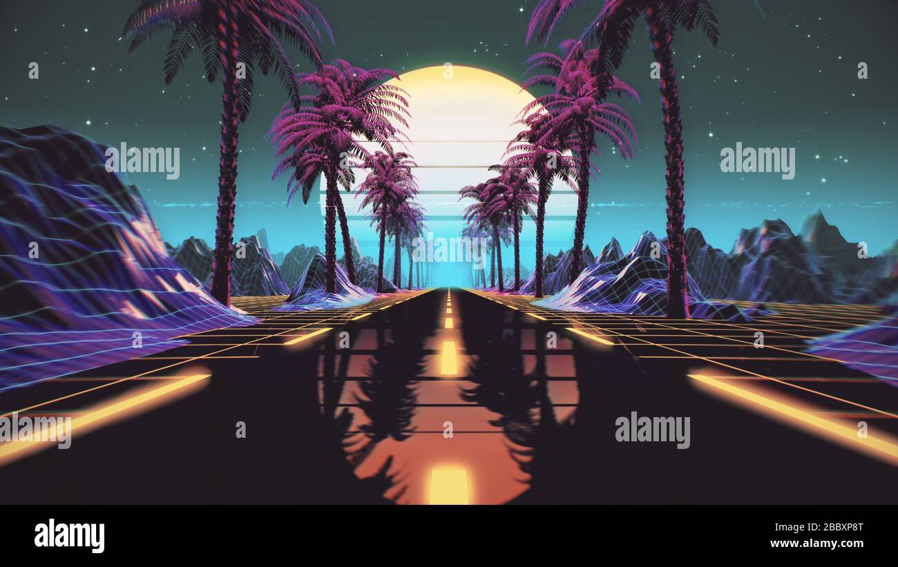 80er Jahre Retro futuristischer Sci-Fi-Hintergrund. VJ Videobame-Landschaft mit Neonlicht Stockfoto