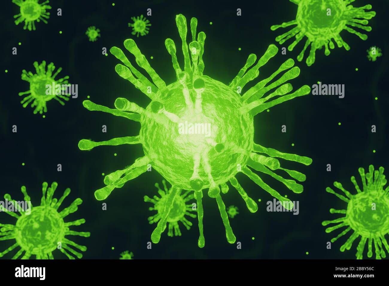 3D-Illustration für grüne Virusbiologie für gesundheitswissenschaftliche Hintergründe. Stockfoto