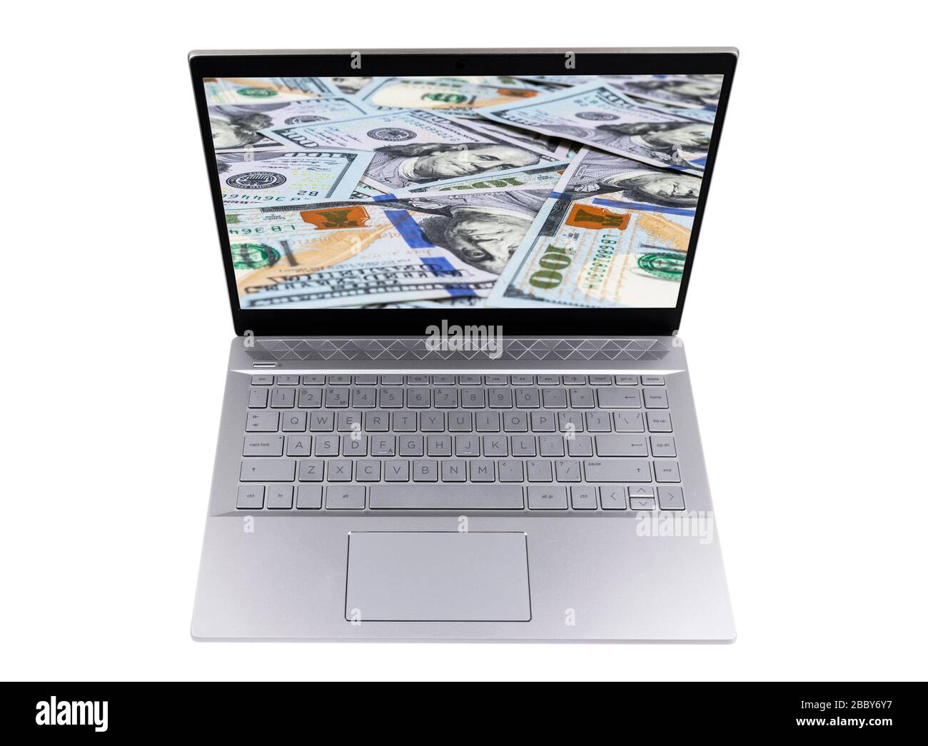 Verdienen Sie Geld online. Geschäftskonzept mit Gewinnabsicht über das Internet. Laptop mit Geld. Online-Konzept des Geldverdienen. Verwenden eines Laptops, um zu buileln Stockfoto