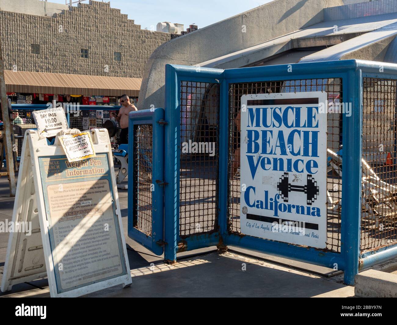 Muscle Beach Venice California Kraftstift Eingang und Informationen Stockfoto