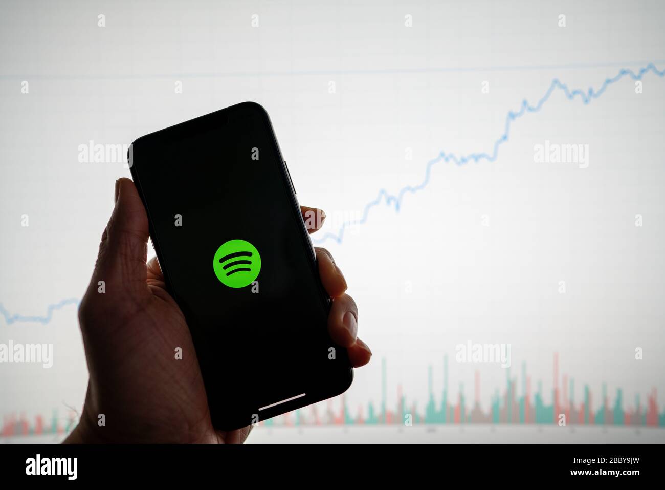 Spotify-App auf dem Telefon mit weißem Finanz-Aktiendiagramm, der im Hintergrund einen Anstieg des Preises nach oben positiv ausweist Stockfoto