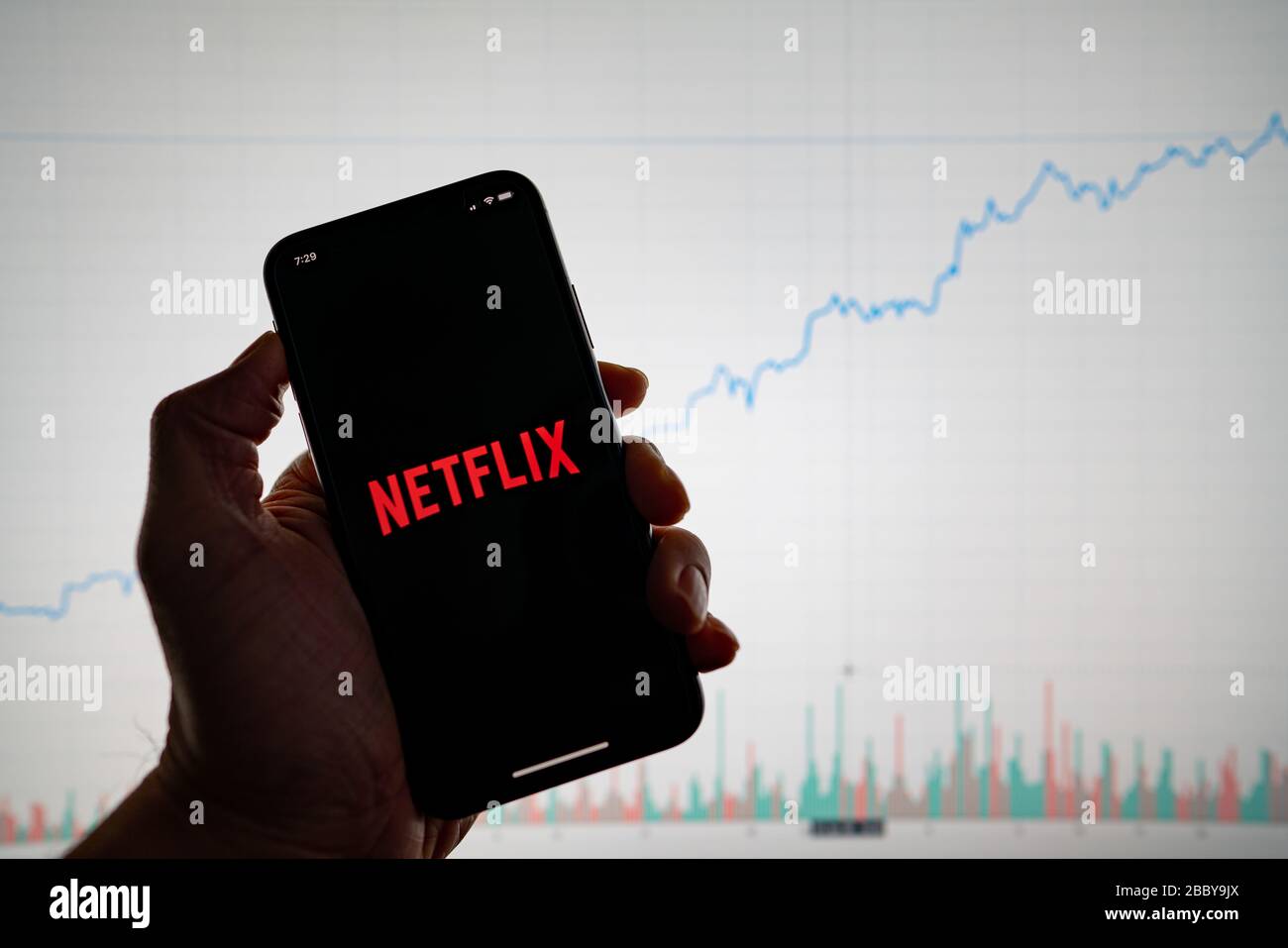 Netflix App auf dem Telefon mit weißem Finanz-Aktiendiagramm mit einem Preisanstieg im Hintergrund Stockfoto