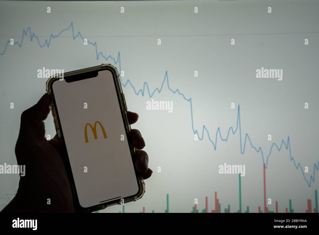 McDonald s-Logo für mobile Apps auf dem iPhone vor der weißen Börsenkarte mit Grafik, die nach rechts abgesenkt wird Stockfoto