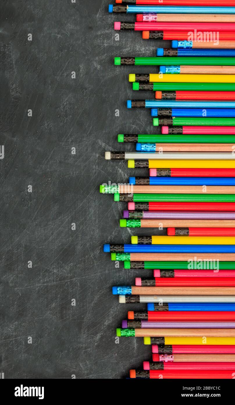Schule, Bildungskonzept. Bunte Bleistifte mit Radierern auf Tafel, Kopierraum, vertikal Stockfoto