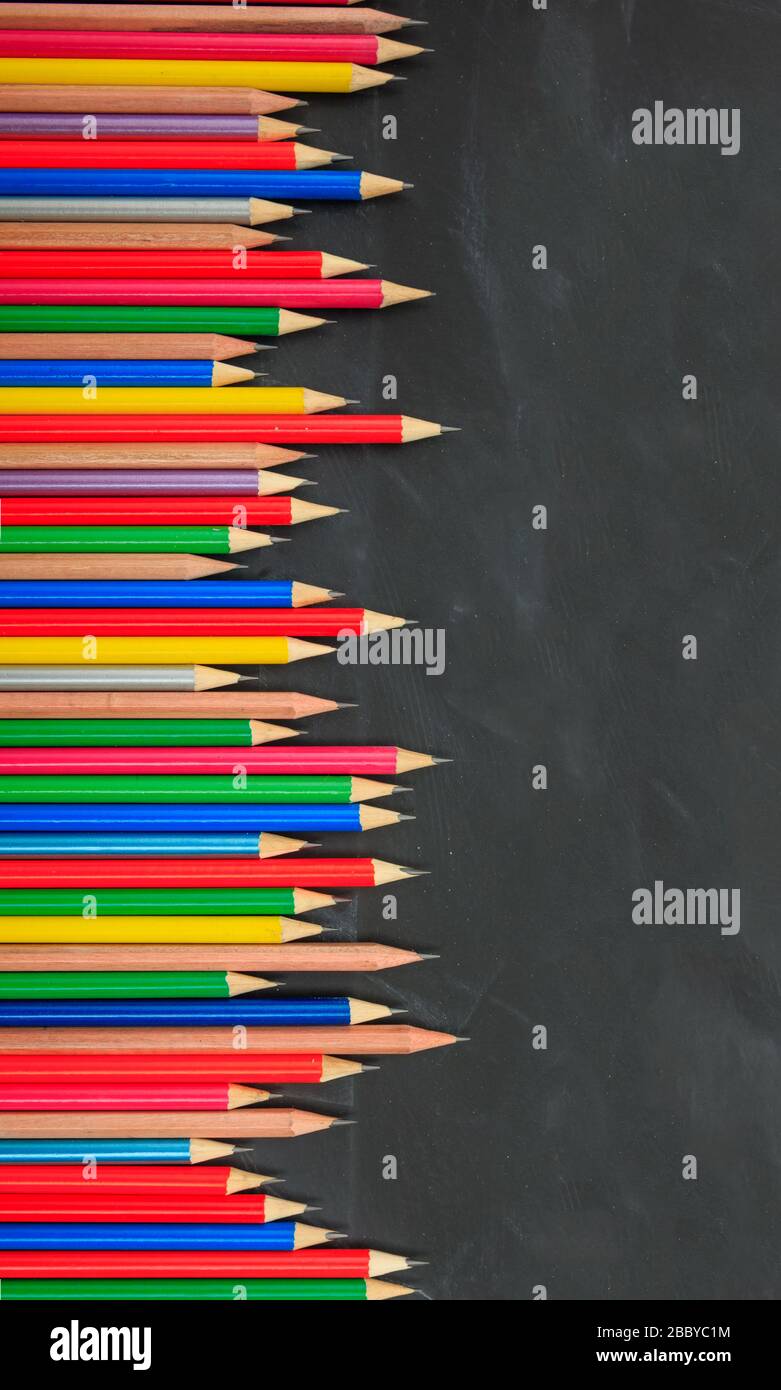 Schule, Bildungskonzept. Bunte Bleistifte umranden auf Tafel, Kopierraum, vertikal Stockfoto