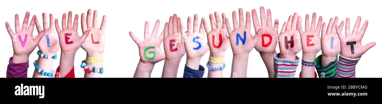Kinder Hände Halten Wort Viel Gesundheit Bedeuten, Dass Sie Gesund Und Isoliert Bleiben Stockfoto
