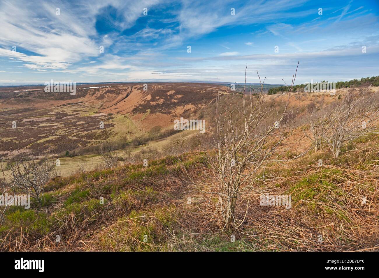 Panoramablick über ein Tal in englischer ländlicher Landschaft mit bewölktem Himmel Stockfoto