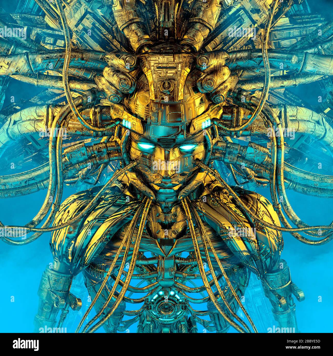 Goldene Gottheit erwacht / 3D-Abbildung der goldenen Robotik der weiblichen künstlichen Intelligenz, die aus dem Computerkern wächst Stockfoto