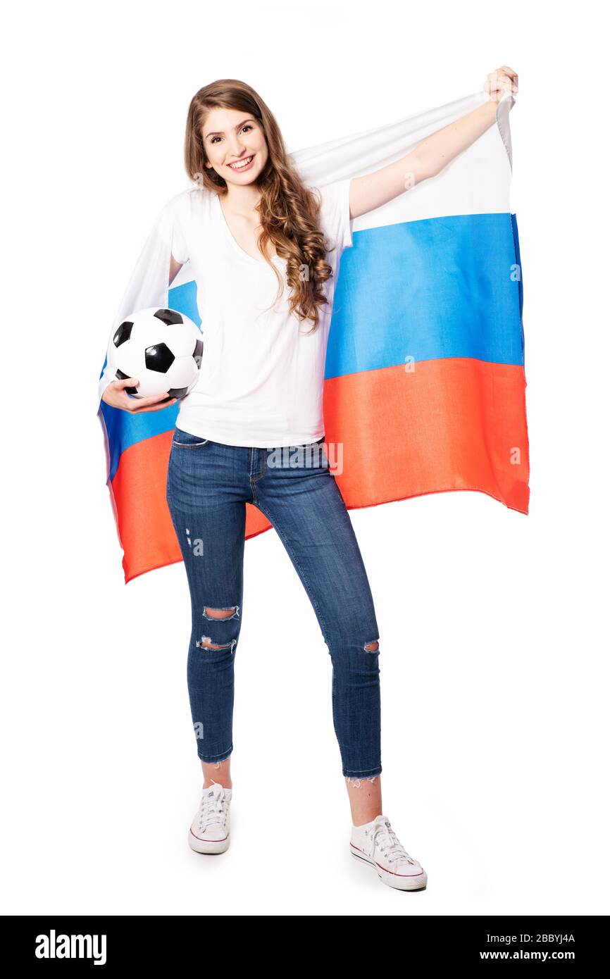 Junge Frau mit russischer Flagge, Sportfan Stockfoto