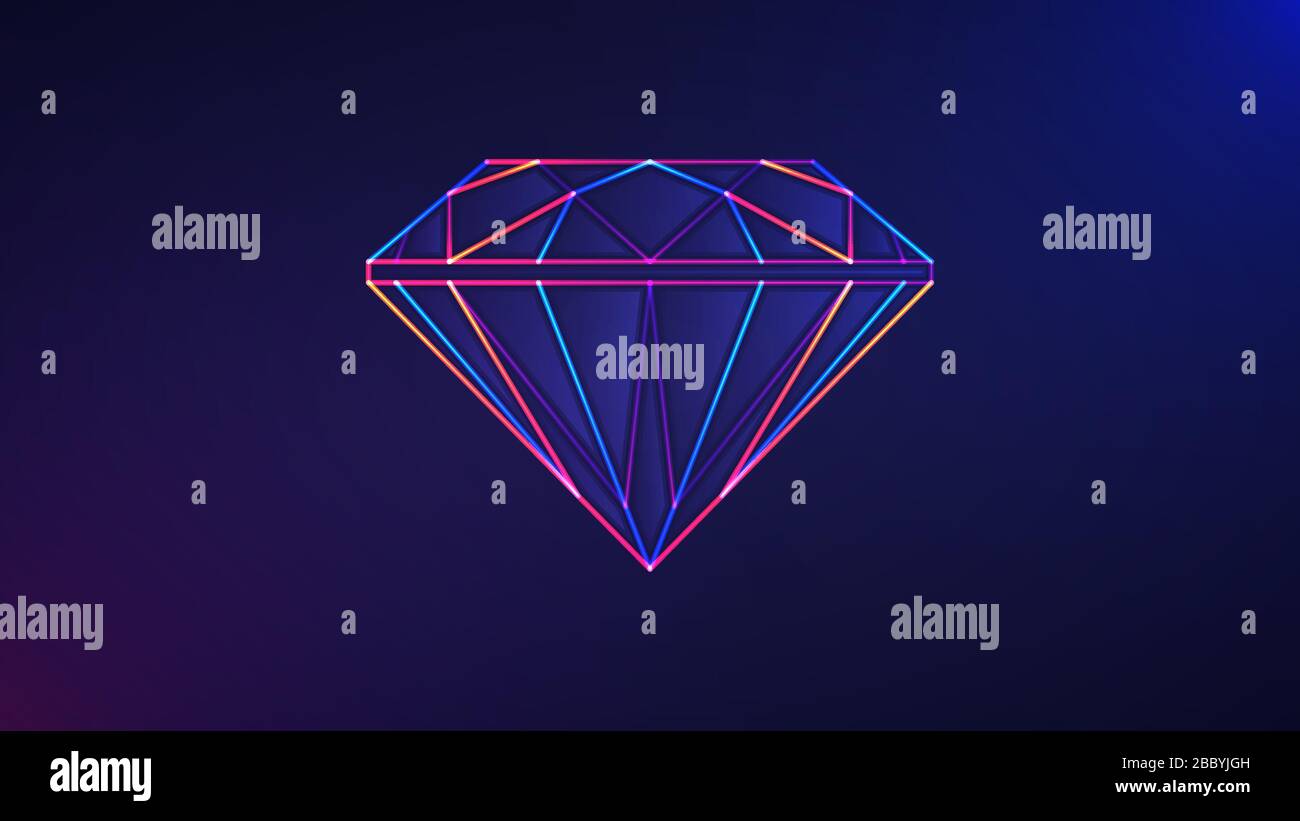 Diamanthintergrund. Vektorgrafiken der leuchtenden neonfarbenen Rautenwerk-Ikone über blauem und violettem Hintergrund Stock Vektor