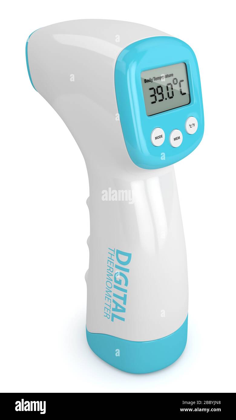 3D-Rendering des digitalen Infrarotthermometers ohne Berührung über weißem Hintergrund Stockfoto