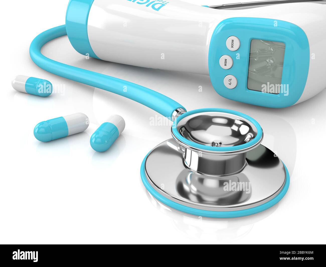3D-Rendering von digitalem Infrarot-Thermometer mit Stethoskop und Pillen über weißem Hintergrund Stockfoto