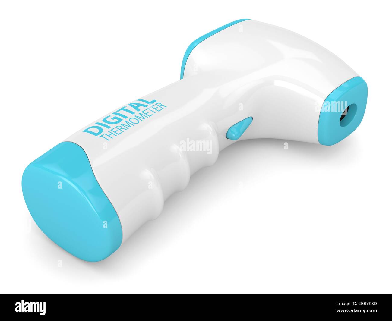3D-Rendering des digitalen Infrarotthermometers ohne Berührung über weißem Hintergrund Stockfoto