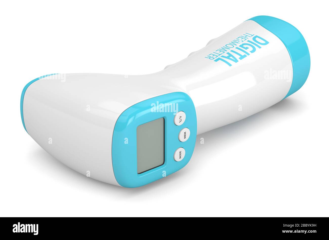 3D-Rendering des digitalen Infrarotthermometers ohne Berührung über weißem Hintergrund Stockfoto