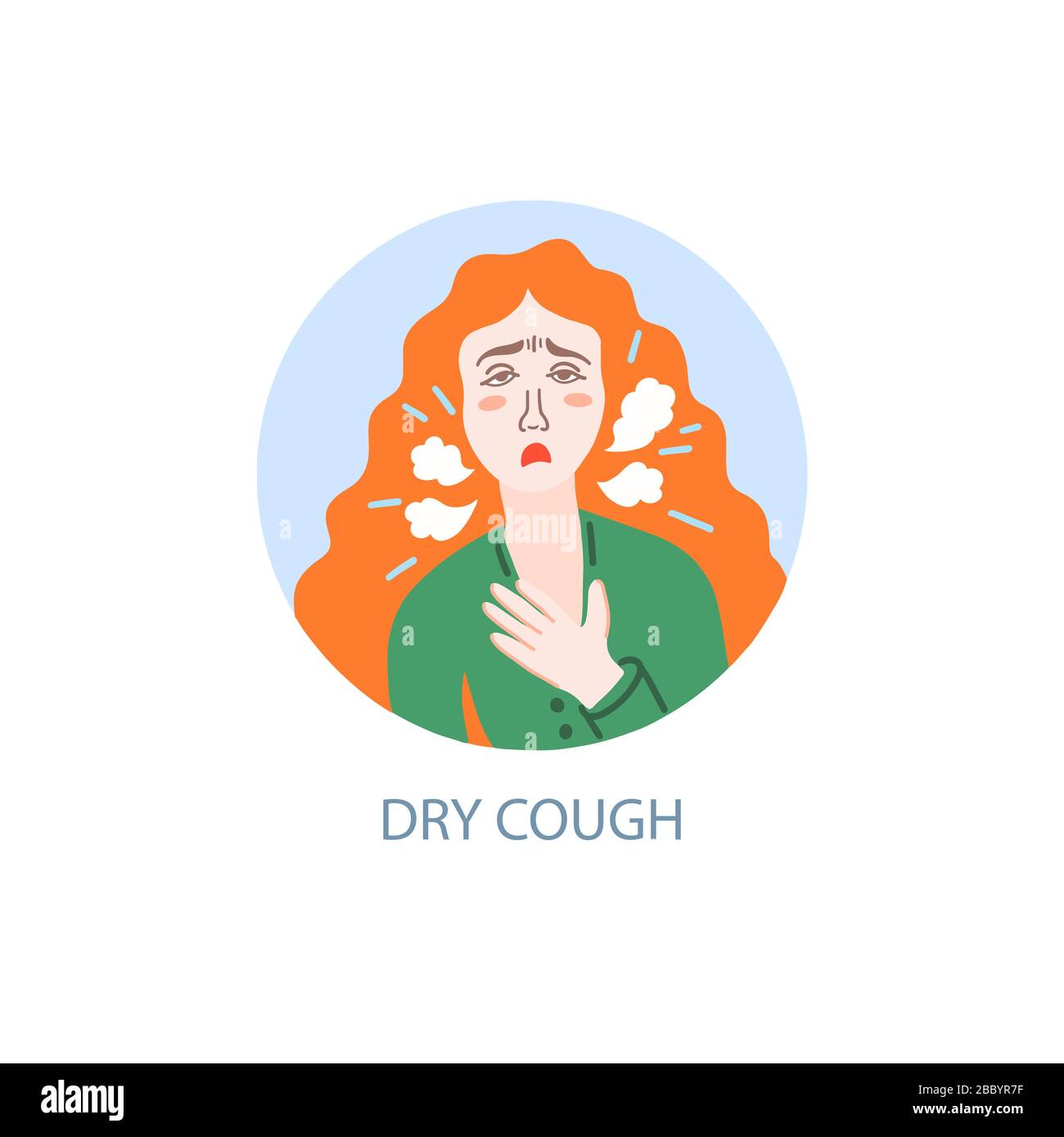 Trockener Husten - Symptom von Coronavirus, Handzeichen-Ikone, krankes Mädchen mit roten Haarhusten Stock Vektor
