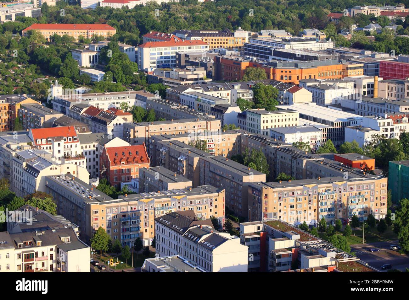 Luftbild Leipzig, Deutschland. Stadtbild mit Seeburgviertel. Stockfoto