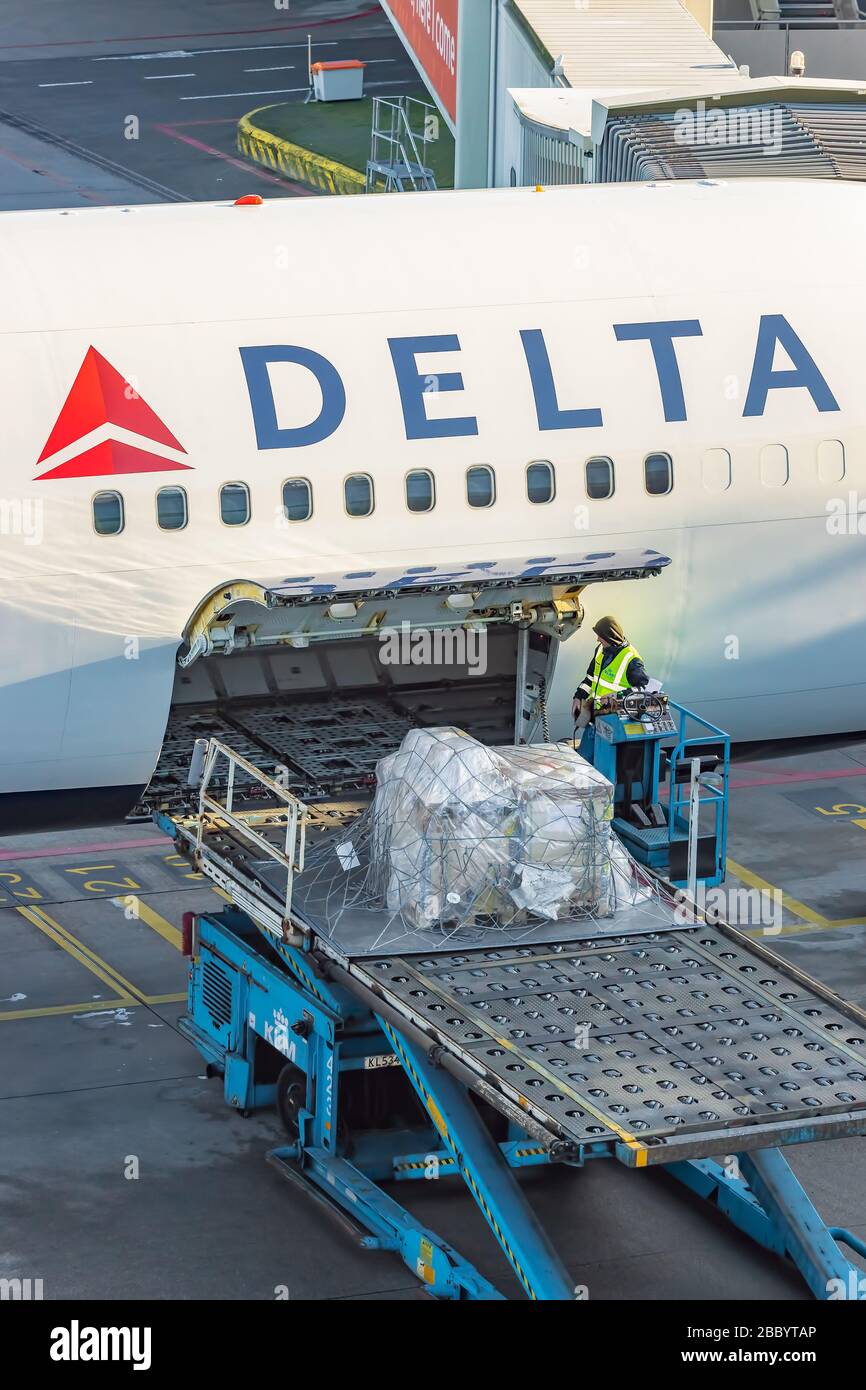 Schiphol, Niederlande - 16. Januar 2020: Verladen eines Frachtcontainers an Bord eines Delta-Airlines-Flugzeugs auf dem Flughafen Schiphol, Niederlande Stockfoto