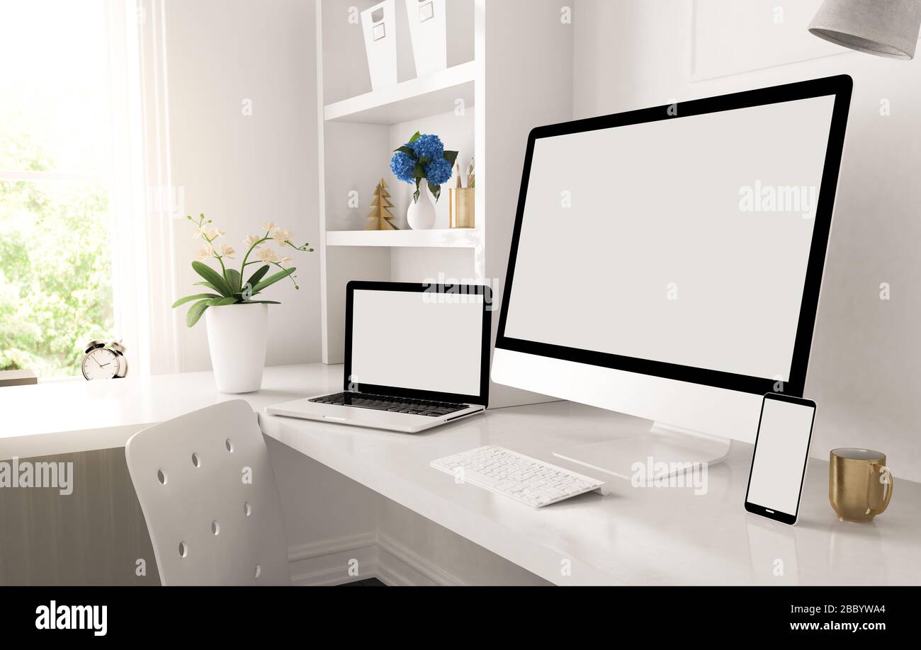 Reaktionsschnelle Geräte auf dem Home Desktop 3d-Rendering Stockfoto