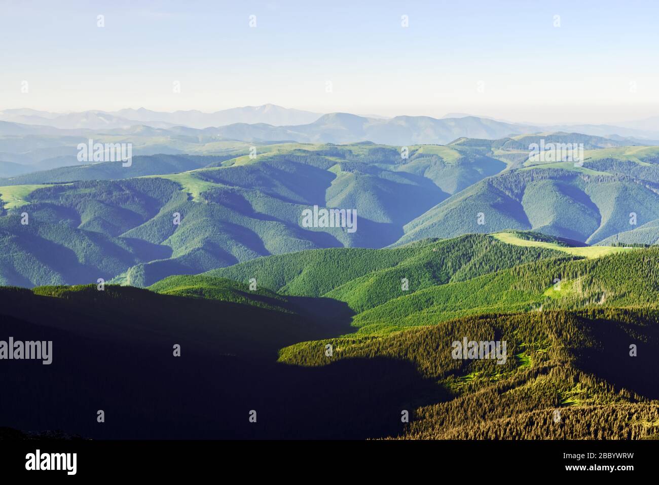 Grüne Berge reichen im Sommer. Atemberaubender Blick auf die Hügel, die von üppigem Wald bedeckt sind. Landschaftsfotografie Stockfoto