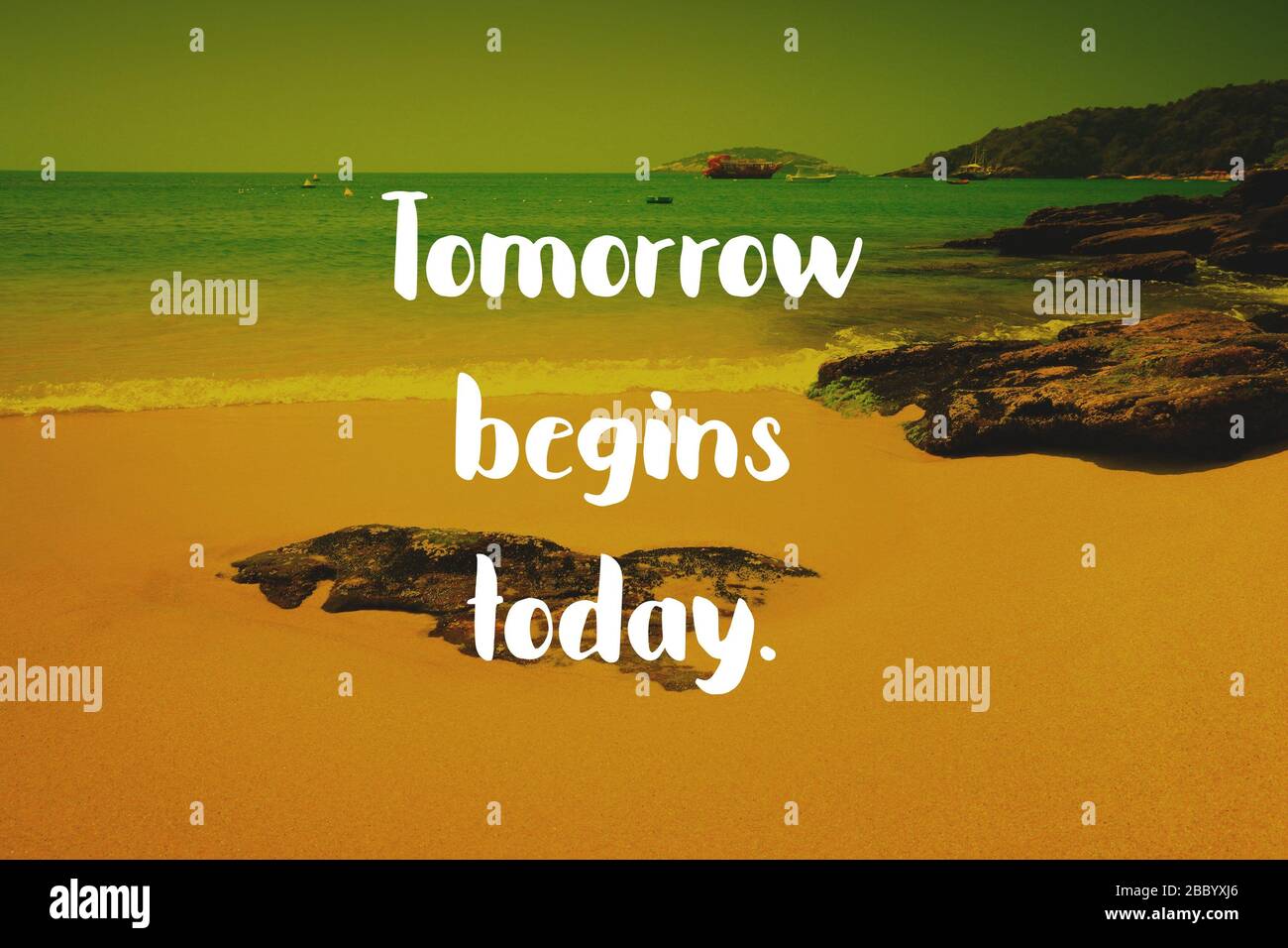 Inspirierendes Textposter - morgen beginnt heute. Erfolgsmotivation. Stockfoto
