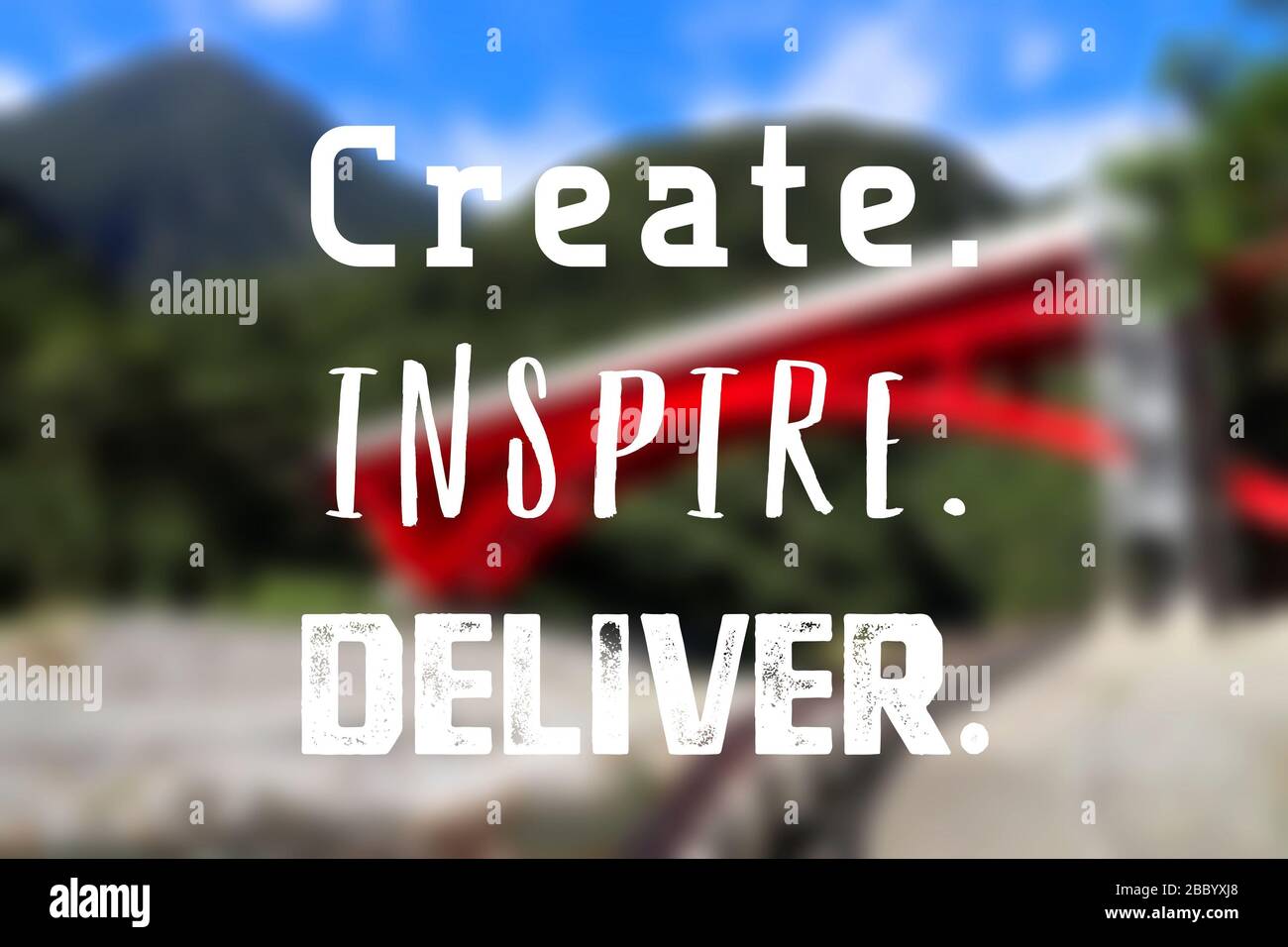 Kreieren, inspirieren, liefern. Poster zum inspirierenden Angebot am Arbeitsplatz. Zeichen der Erfolgsmotivation. Stockfoto
