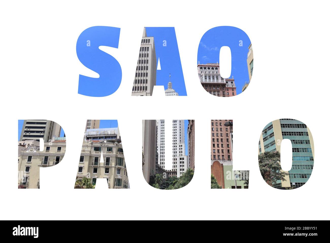 Sao Paulo Brasilien Schild - Stadtname mit Hintergrundfoto auf der Postkarte. Stockfoto