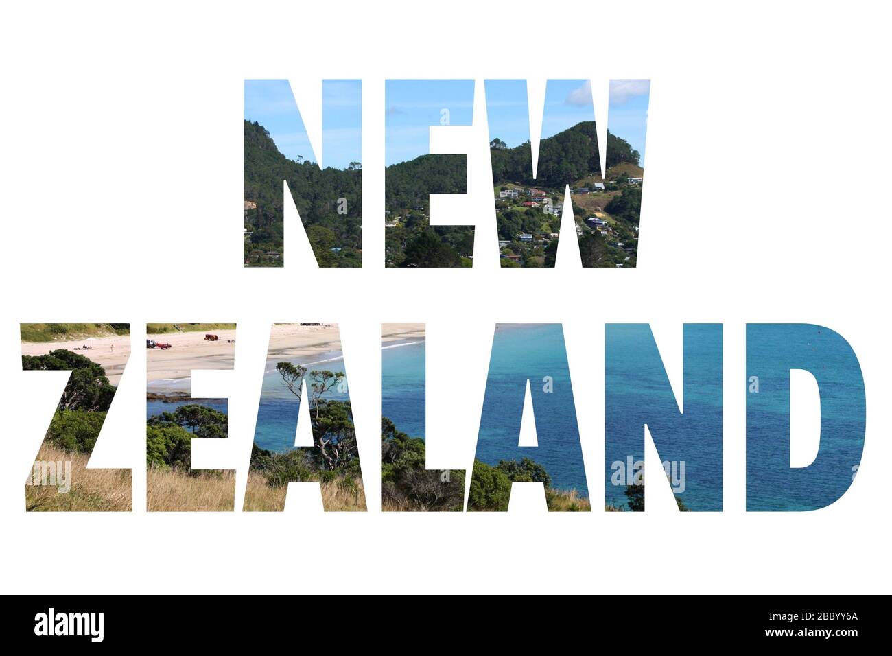 Neuseeland - Ländername mit Foto im Hintergrund. Isoliert auf weiß. Stockfoto