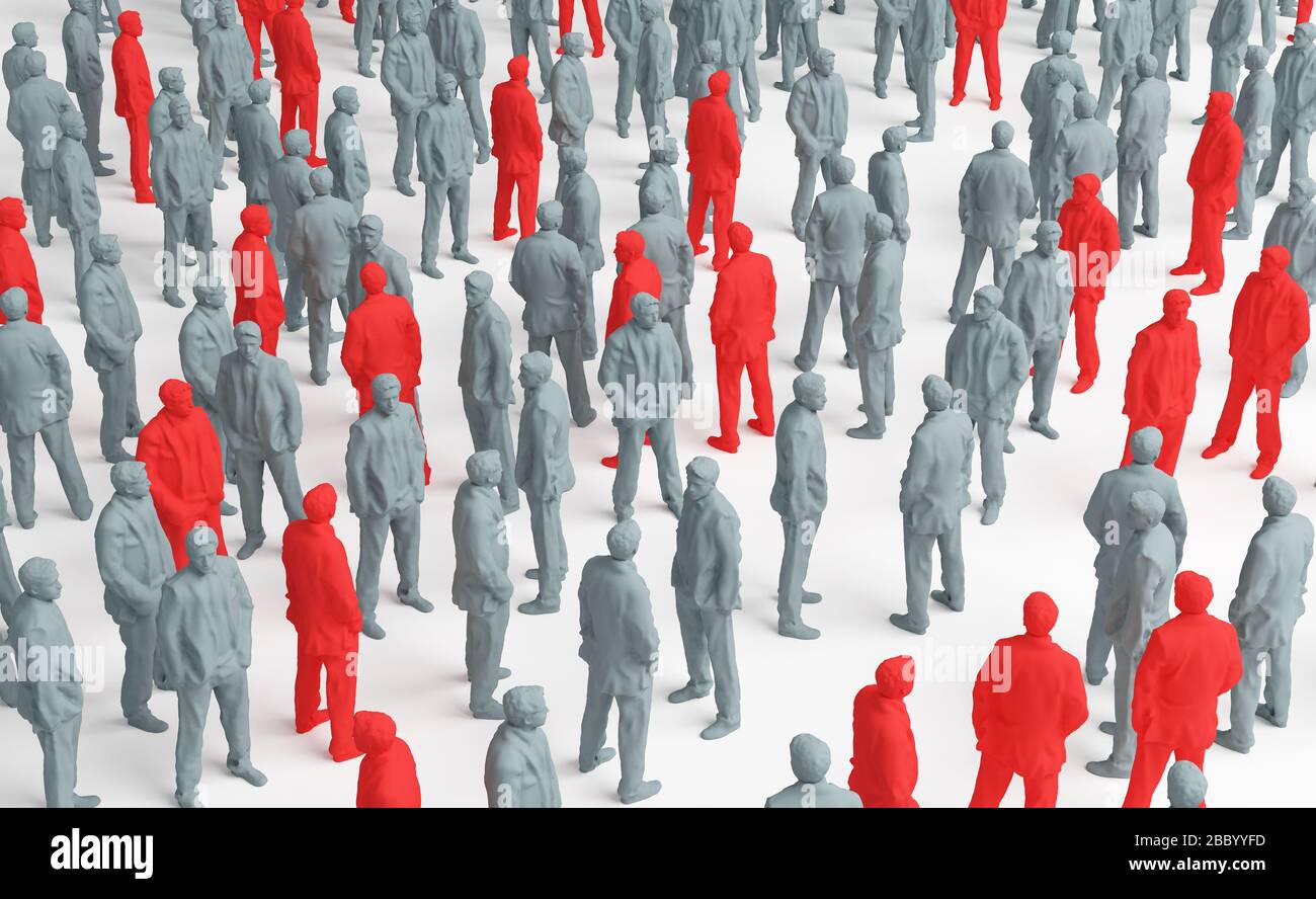 Blick von oben, Pandemiekonzept, Virusansteckung, individuelle Erkennung. 3D-Rendering Stockfoto Blick von oben, Pandemiekonzept, Virusansteckung, individuelle Erkennung. 3D-Rendering Stockfoto