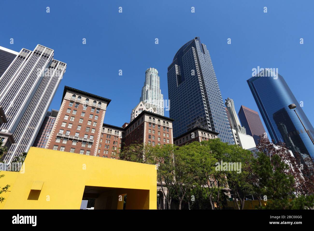 Skyline der Stadt Los Angeles vom Pershing Square aus gesehen. Stockfoto